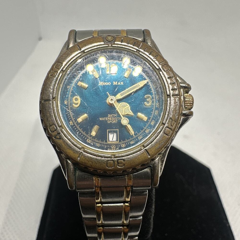 Hugo Max Womens Watch Blue Dial Gold Silver Two Tone Stainless Steel Date Quartz